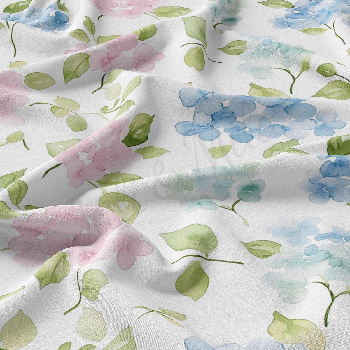 a close-up view of a fabric with a floral pattern, including various shades of blue, pink, and green flowers and leaves.