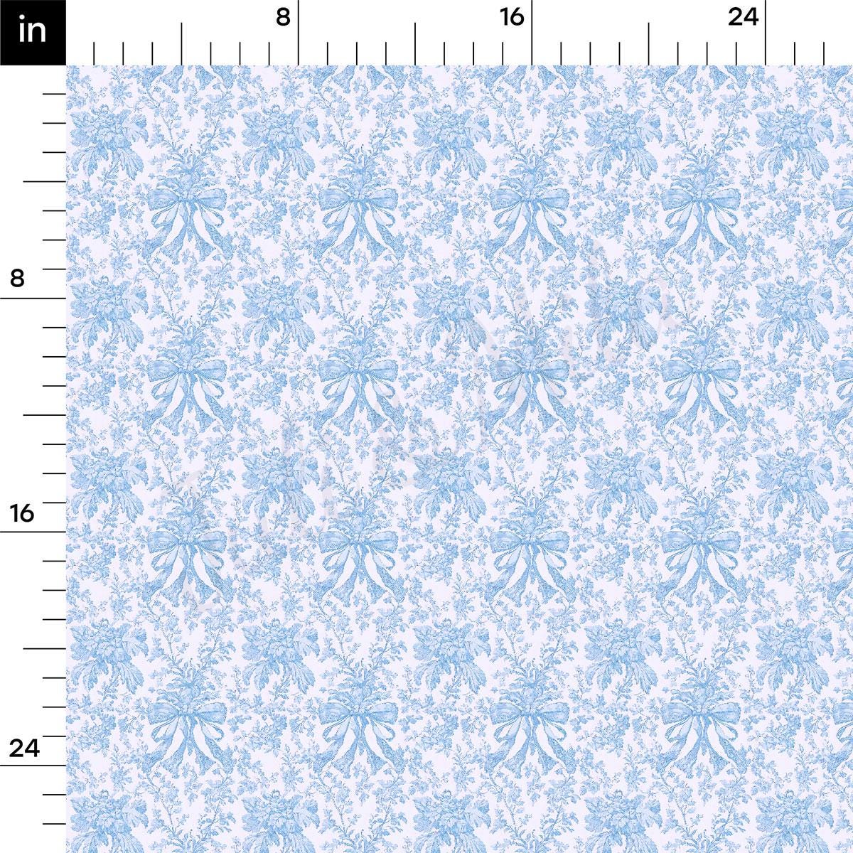 The image is a repeating pattern of blue floral designs with bows, creating a visually appealing and intricate design.