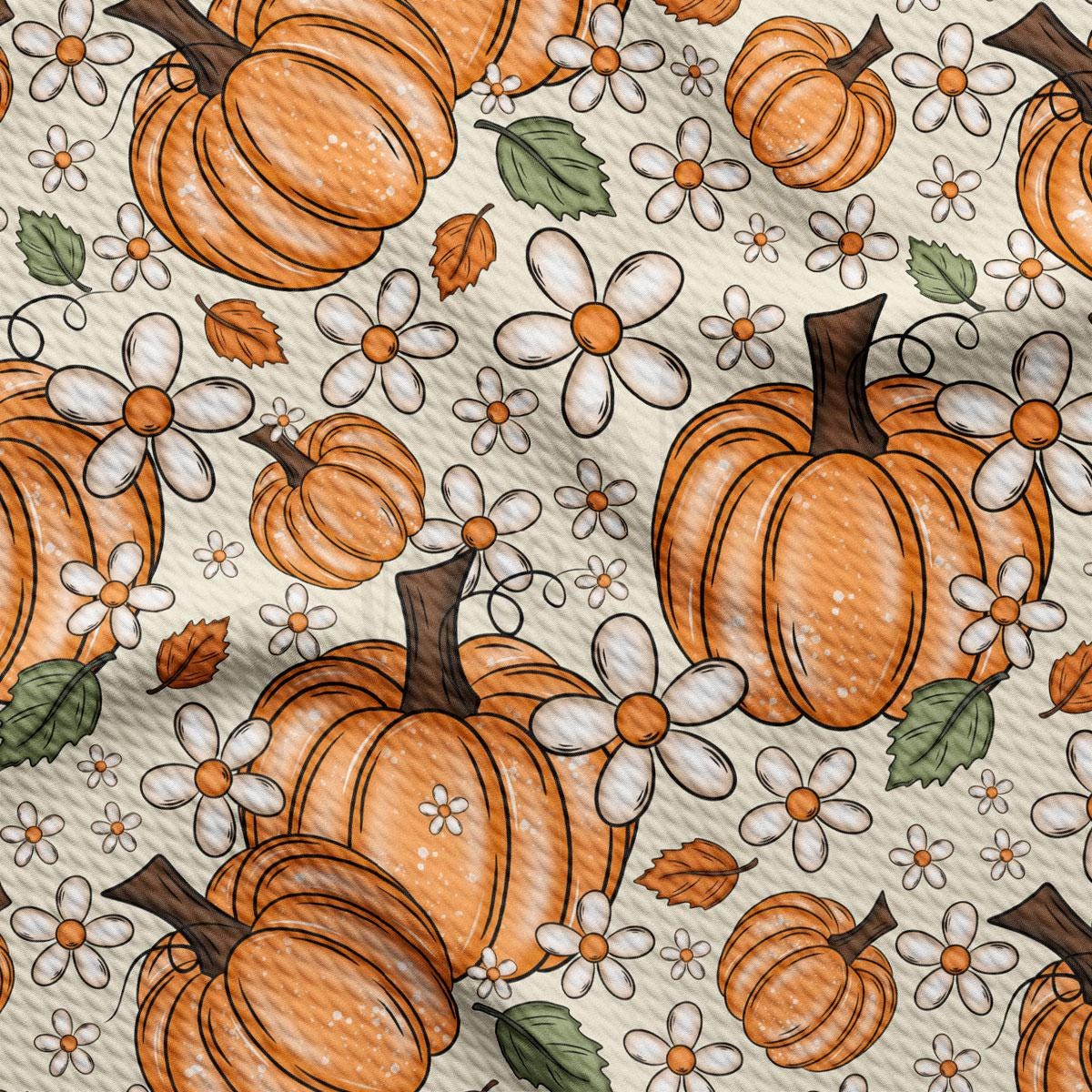a repeating pattern of orange pumpkins and white flowers on a beige background.