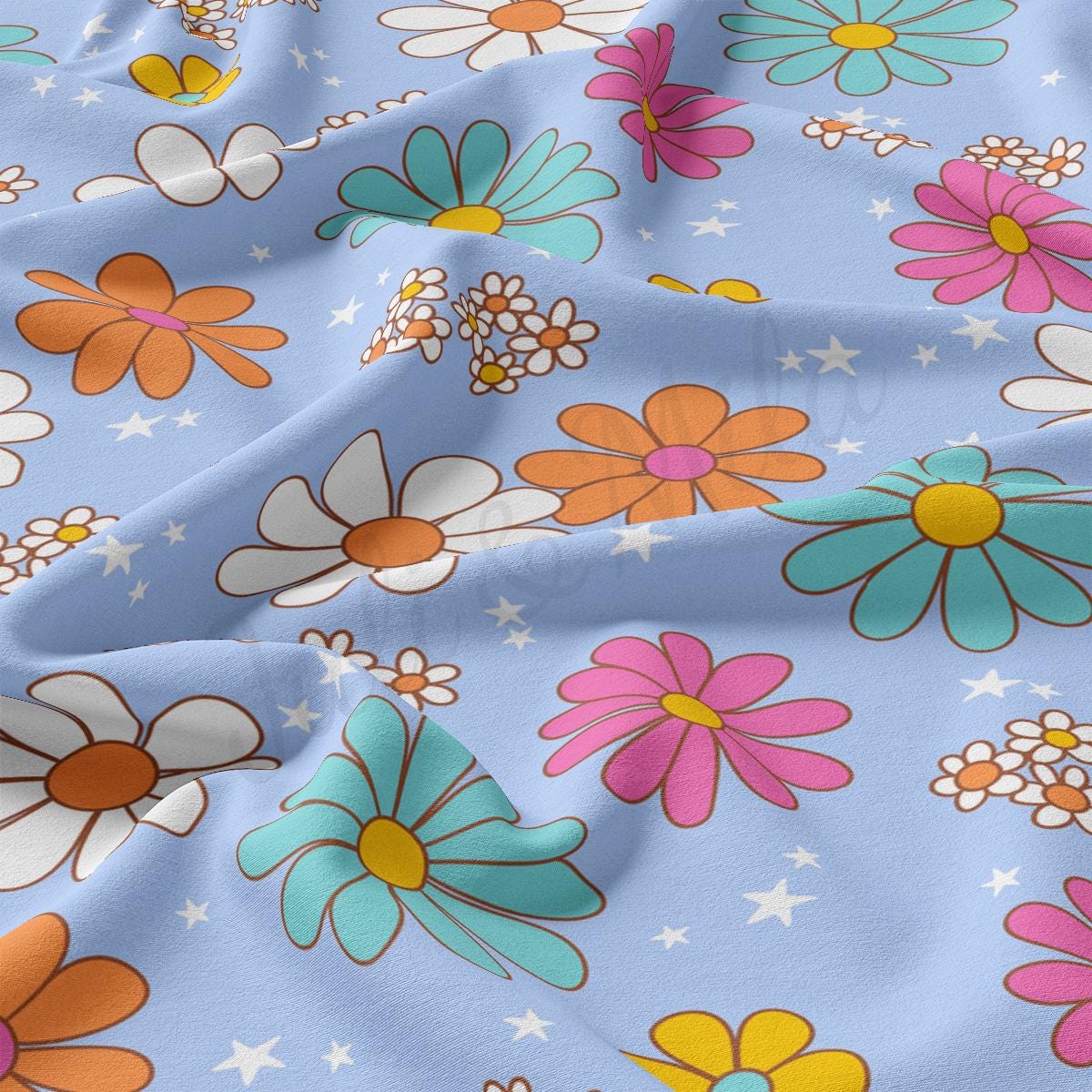 a blue background with flowers and stars