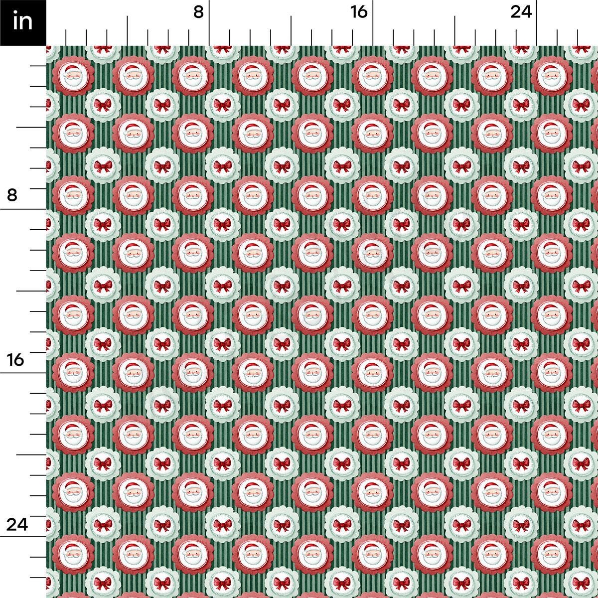 The image is a repeating pattern of Christmas-themed circles and ribbons in shades of green and red.