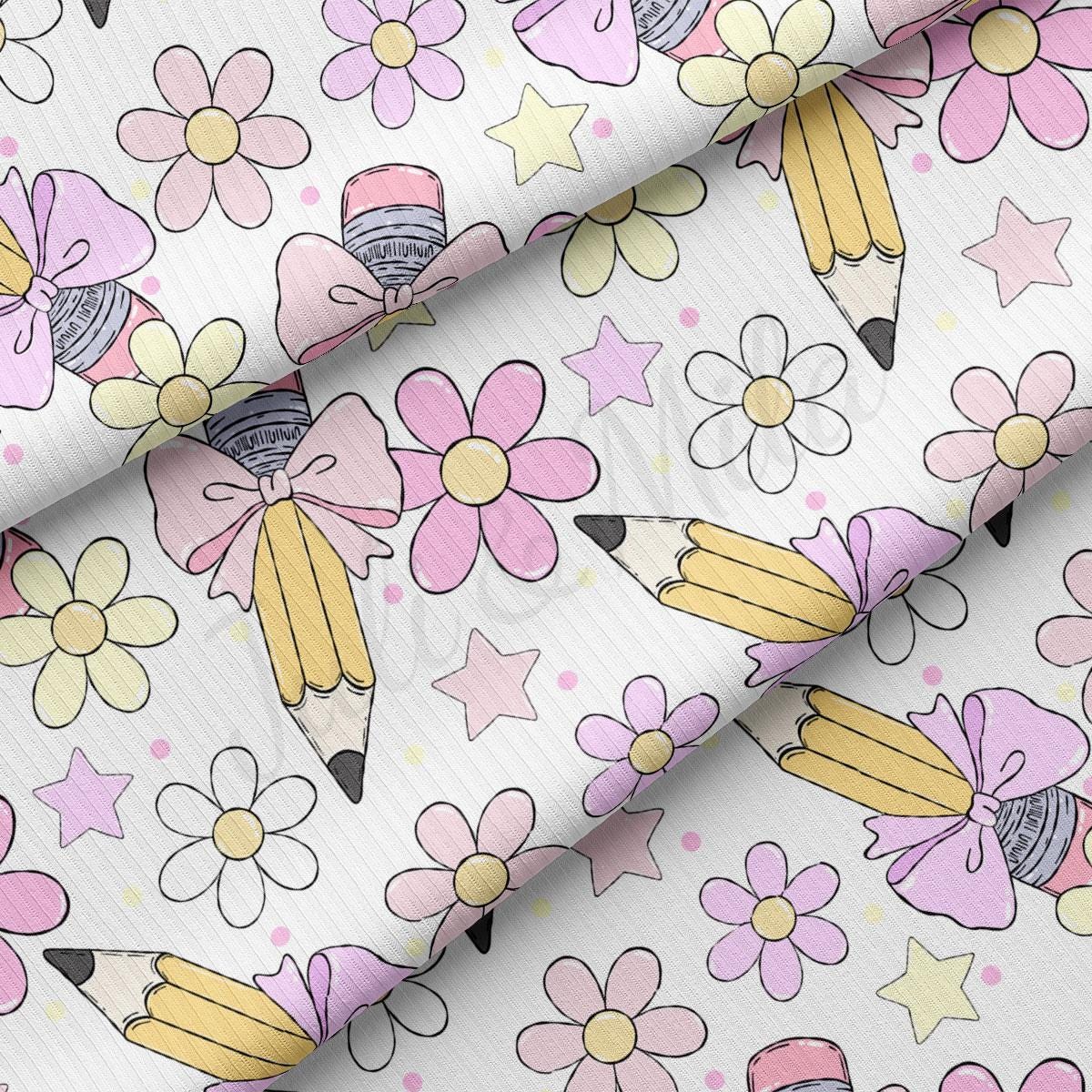 a white background with pink and yellow flowers and stars