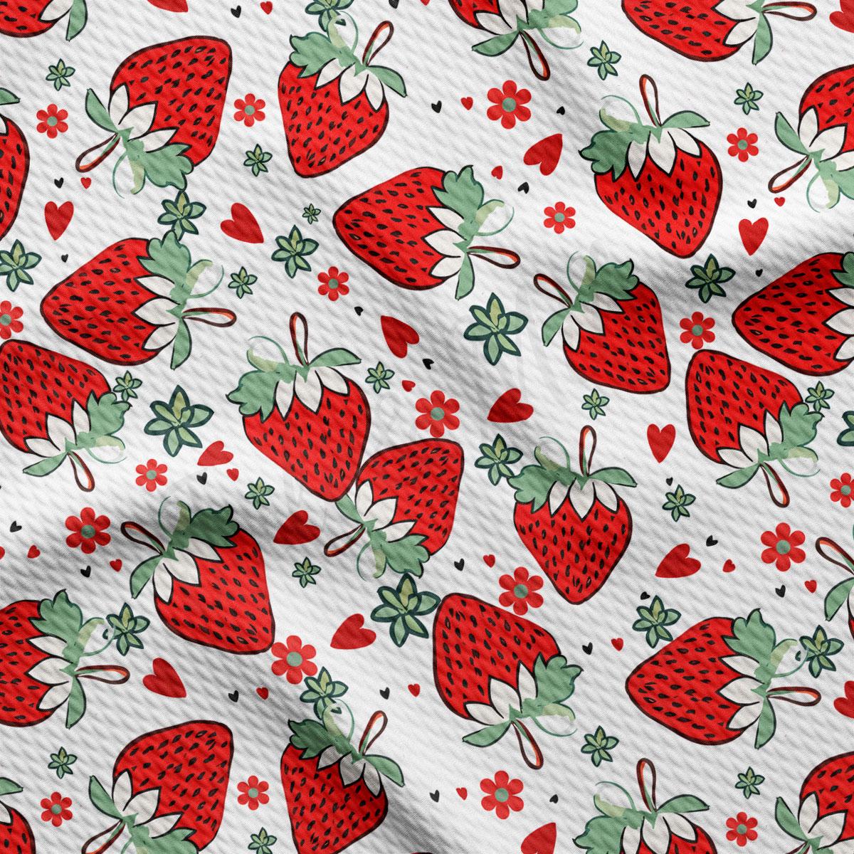 a repeating pattern of red strawberries with green leaves and flowers on a white background.
