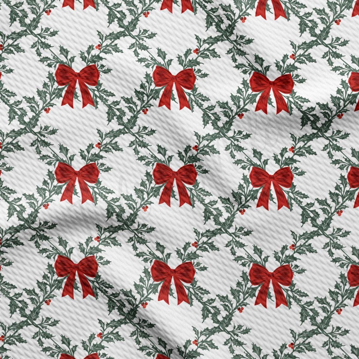 a repeating pattern of red bows on green leaves and branches, creating a festive and holiday-themed design.