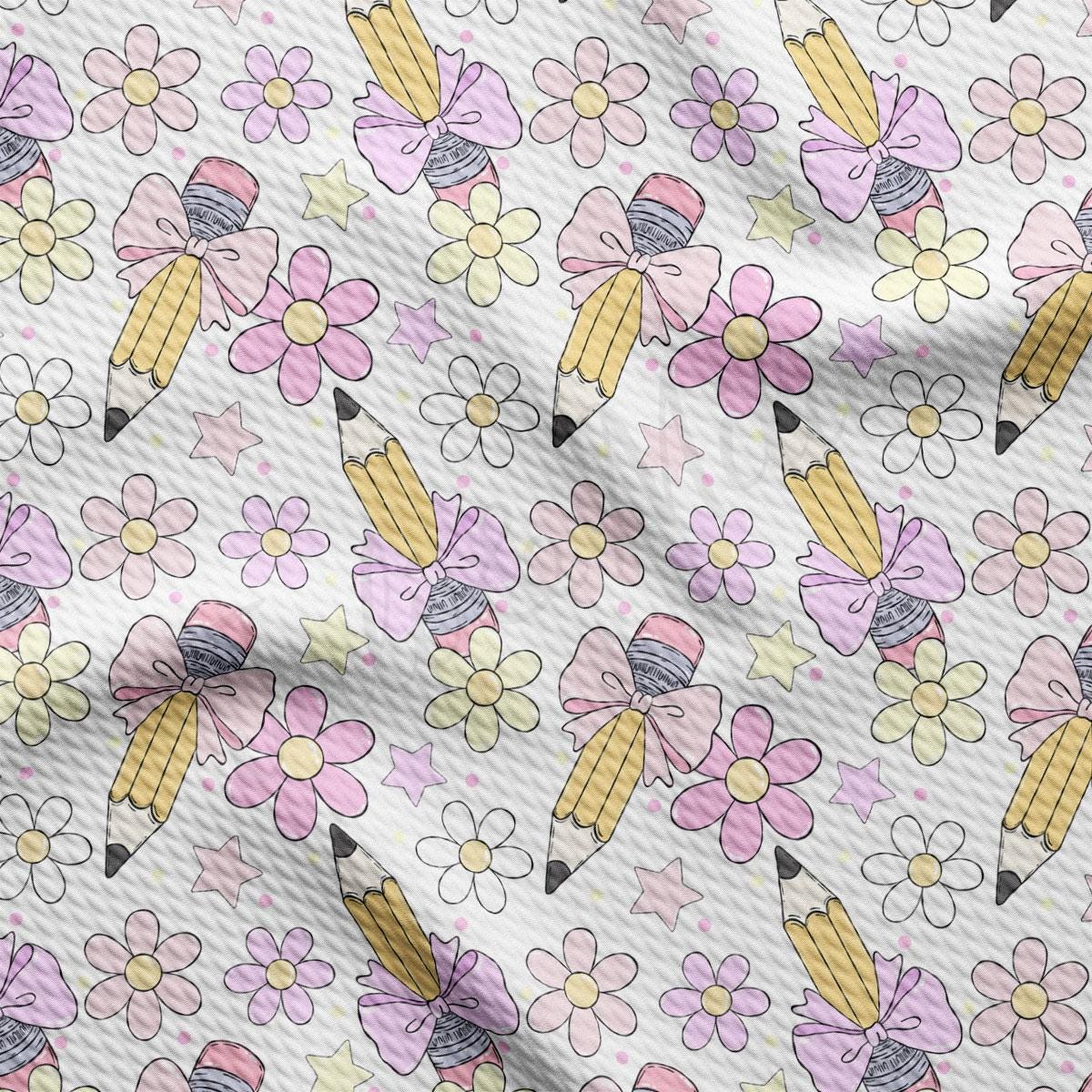 a pattern of flowers and pencils on a white background