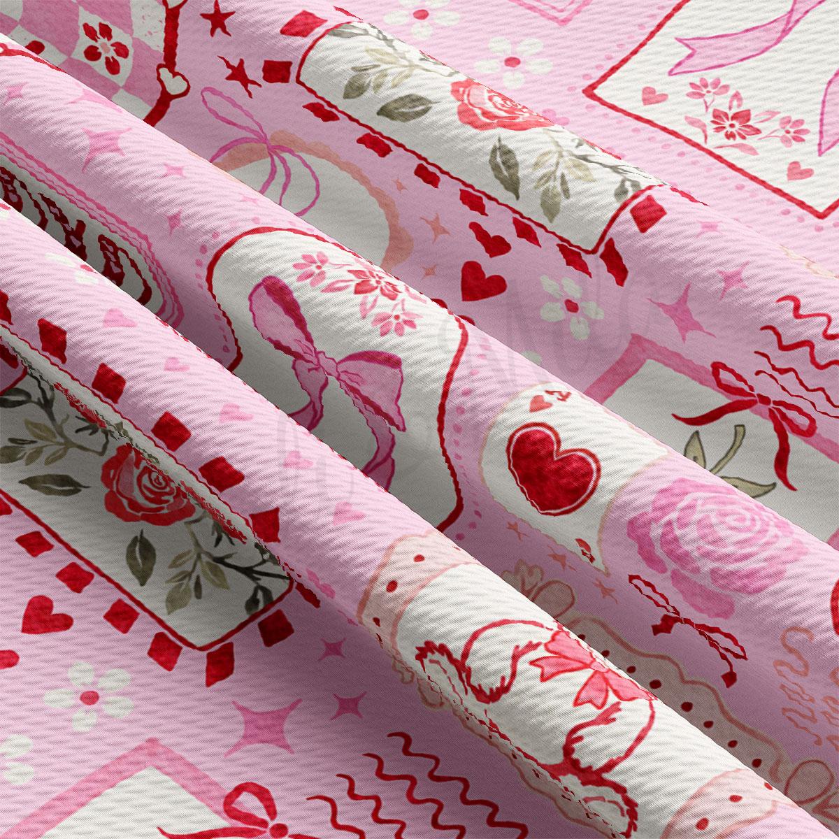 The image is a close-up view of a fabric with a pink and white floral pattern. The fabric appears to be crumpled and folded, creating a textured and layered appearance.