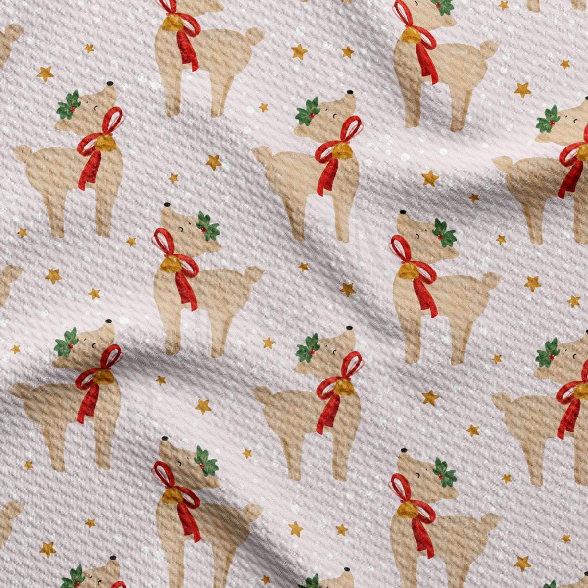a repeating pattern of brown reindeer with red bows and green leaves, set against a white background with scattered gold stars.