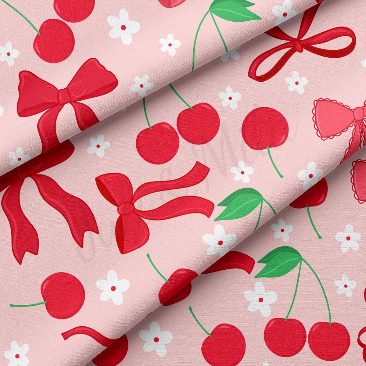 a pink background with cherries and bows
