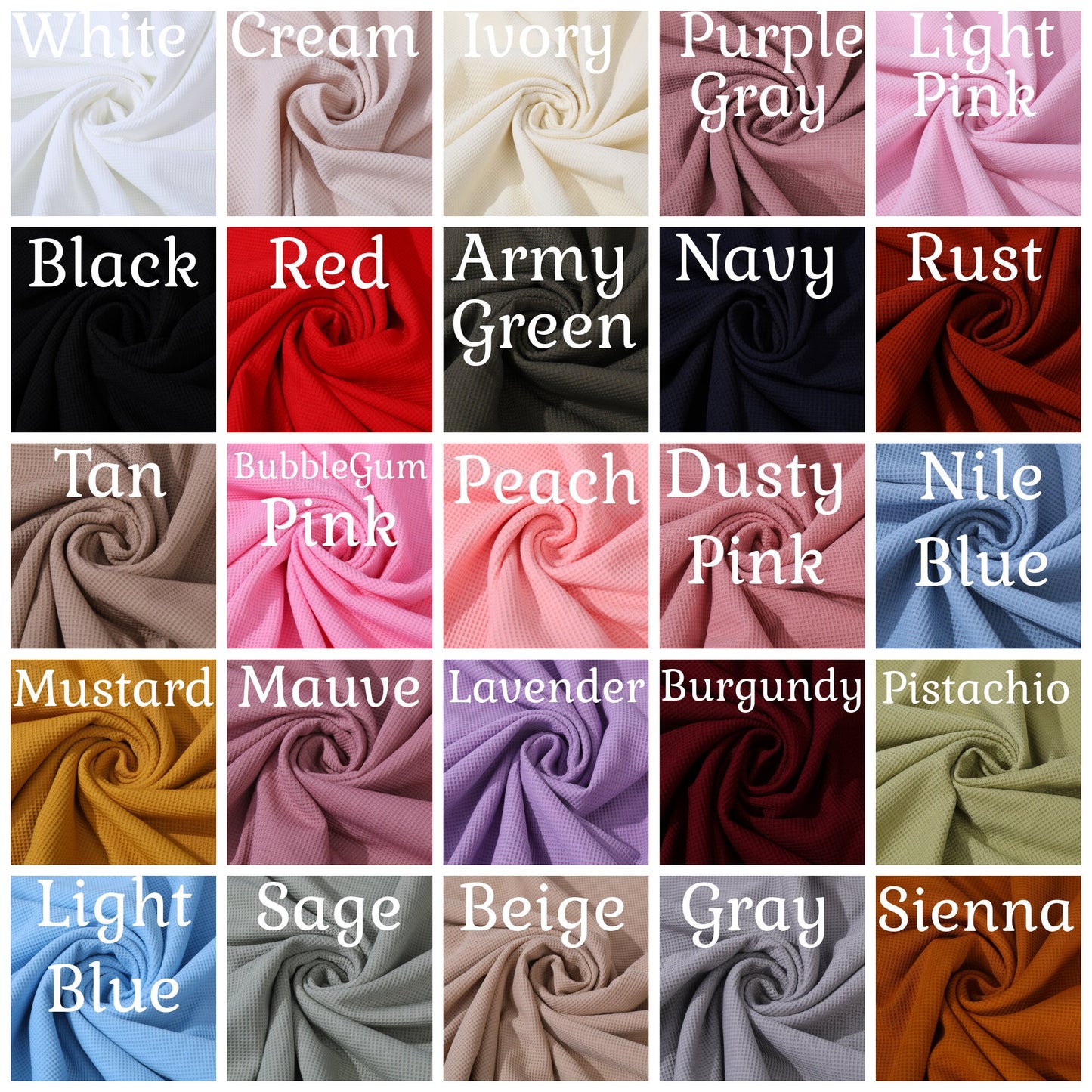 Waffle Fabric by the yard Waffle Knit Stretchy Polyester Spandex 60 inches wide Solid Colors