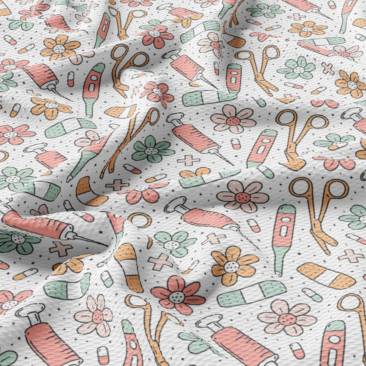 a pattern of scissors and flowers on a white background