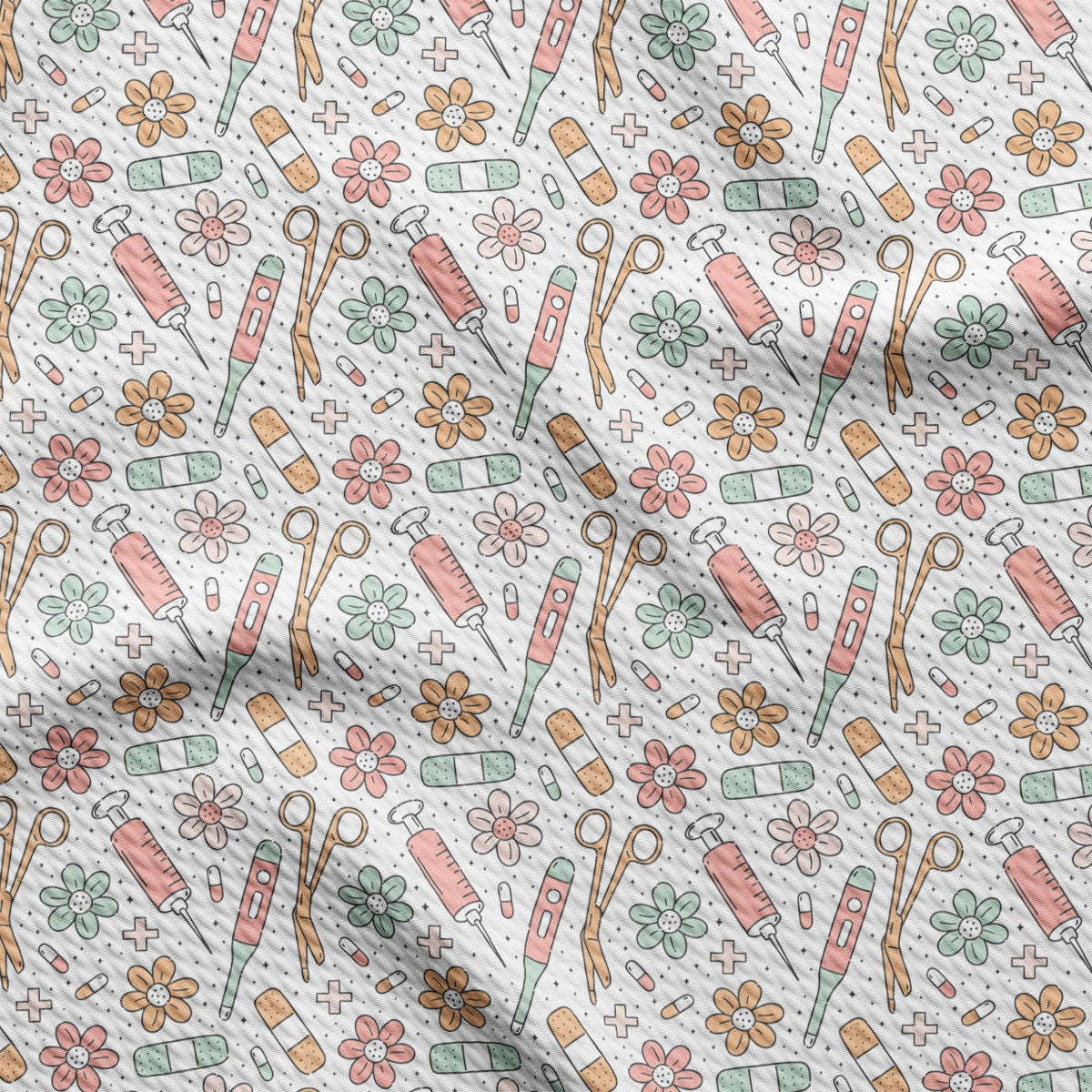 a pattern of scissors and flowers on a white background
