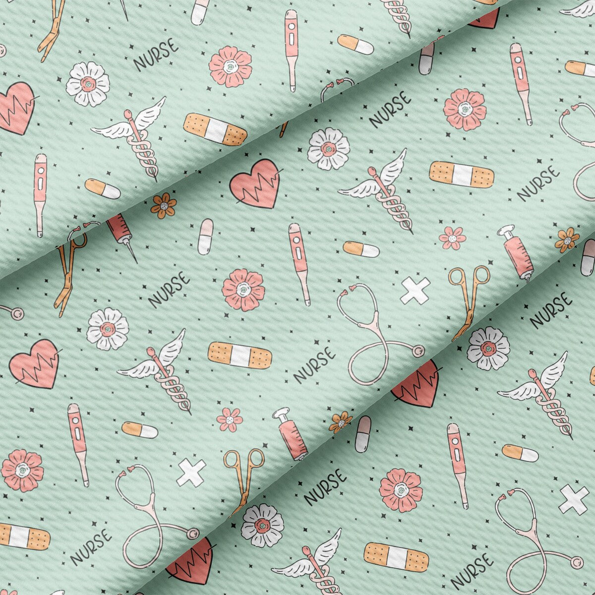 a pattern of medical items on a light green background