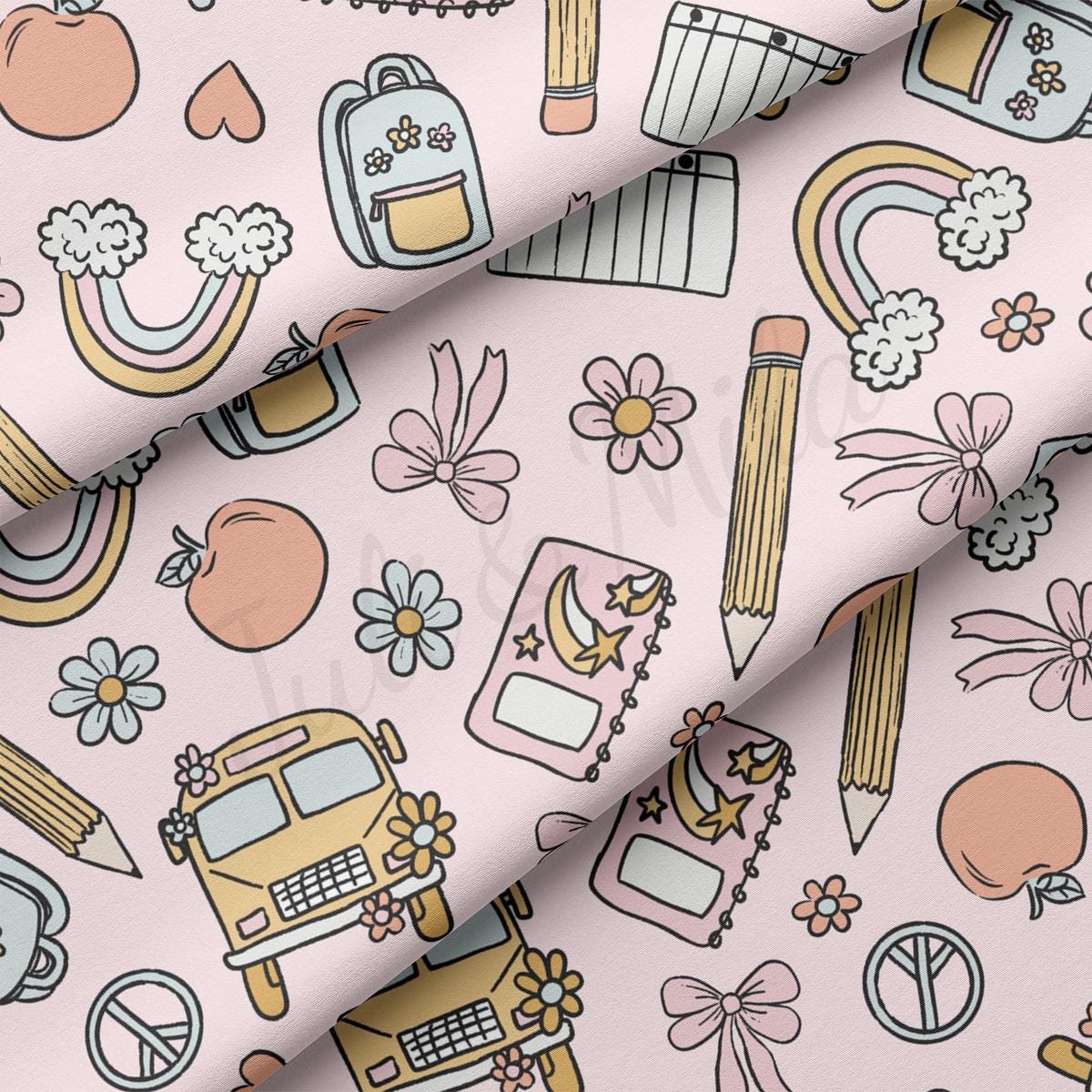 a pink background with school supplies and flowers