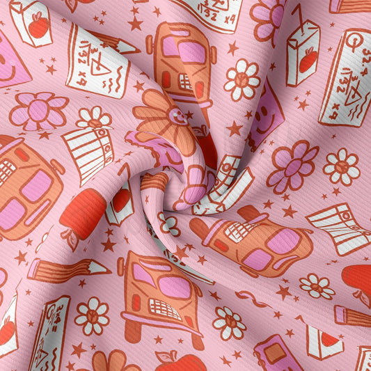 a pink background with a pattern of food and drinks