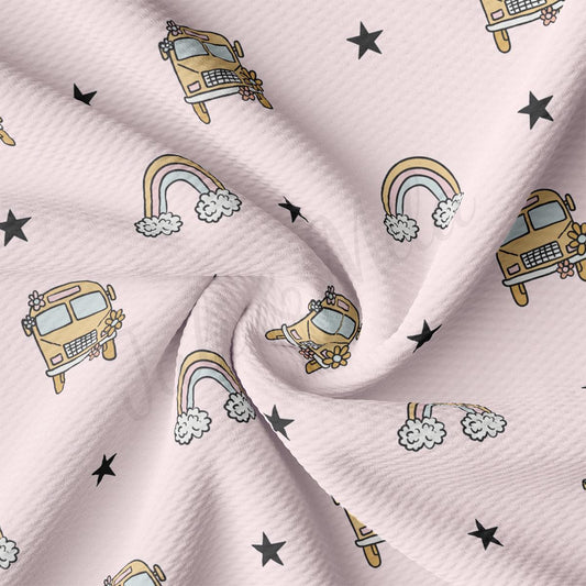 a pink background with a school bus and stars