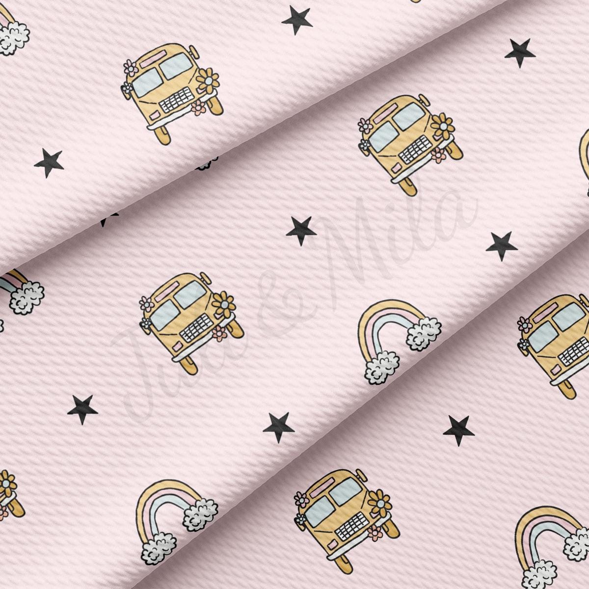 a pink background with a school bus and stars