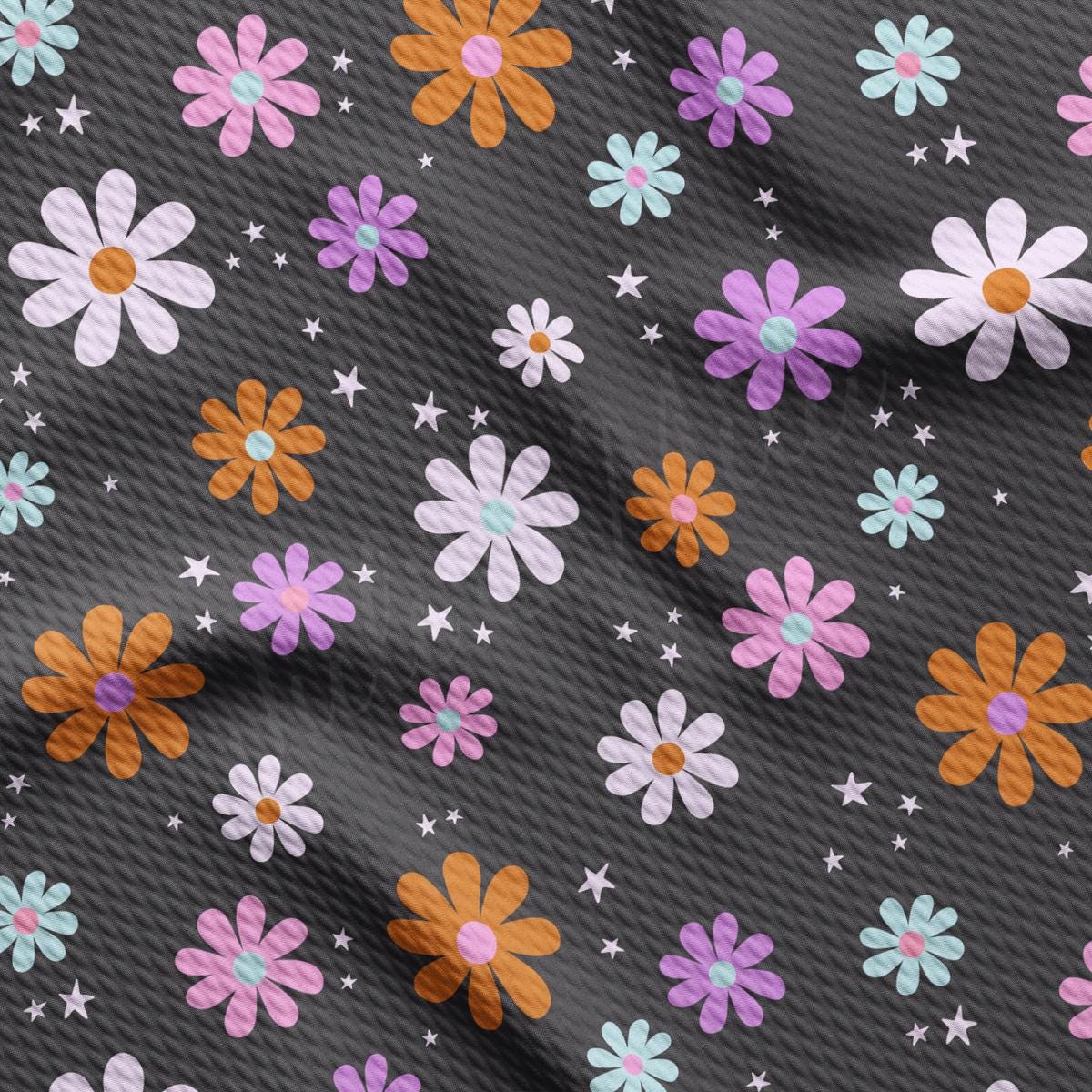 a pattern of flowers and stars on a gray background