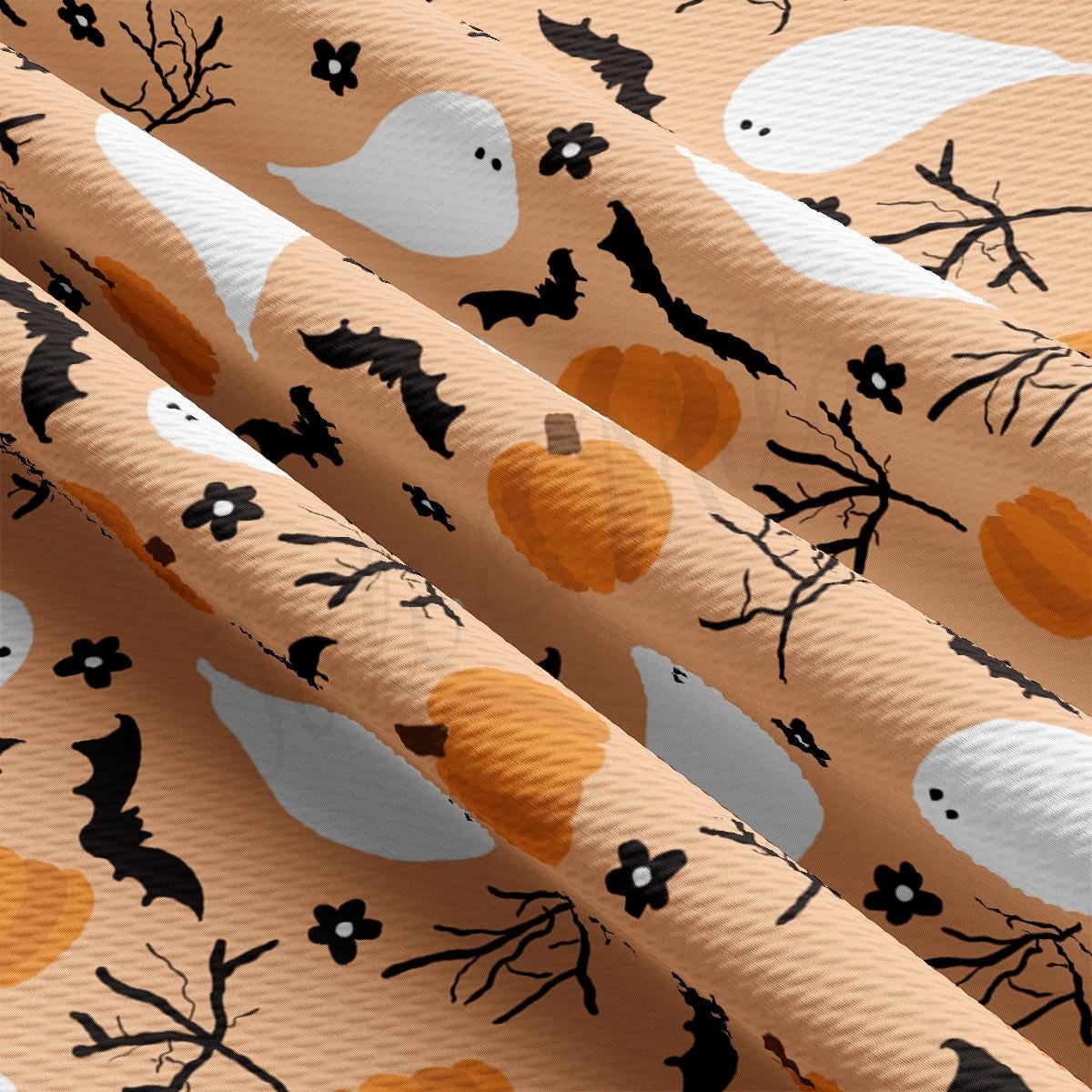 a pattern of bats, pumpkins, and bats on a tan background