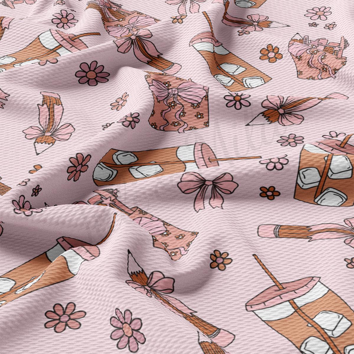 a pink fabric with a pattern of flowers and gifts on it