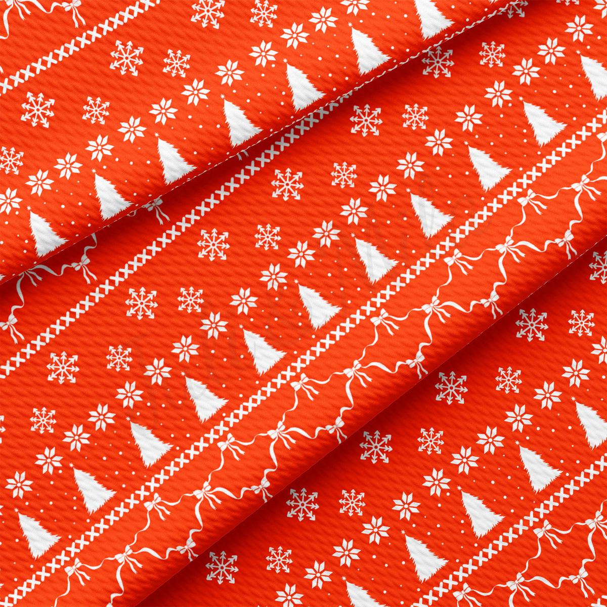 a red background with white christmas trees and snowflakes