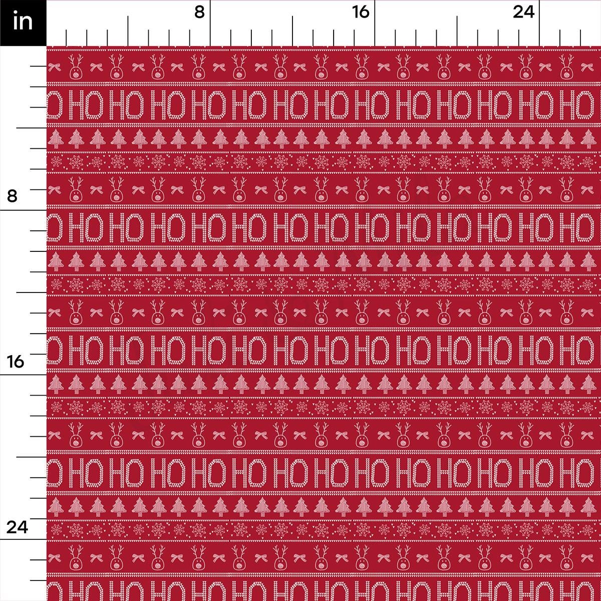 a red and white knitted pattern with christmas trees