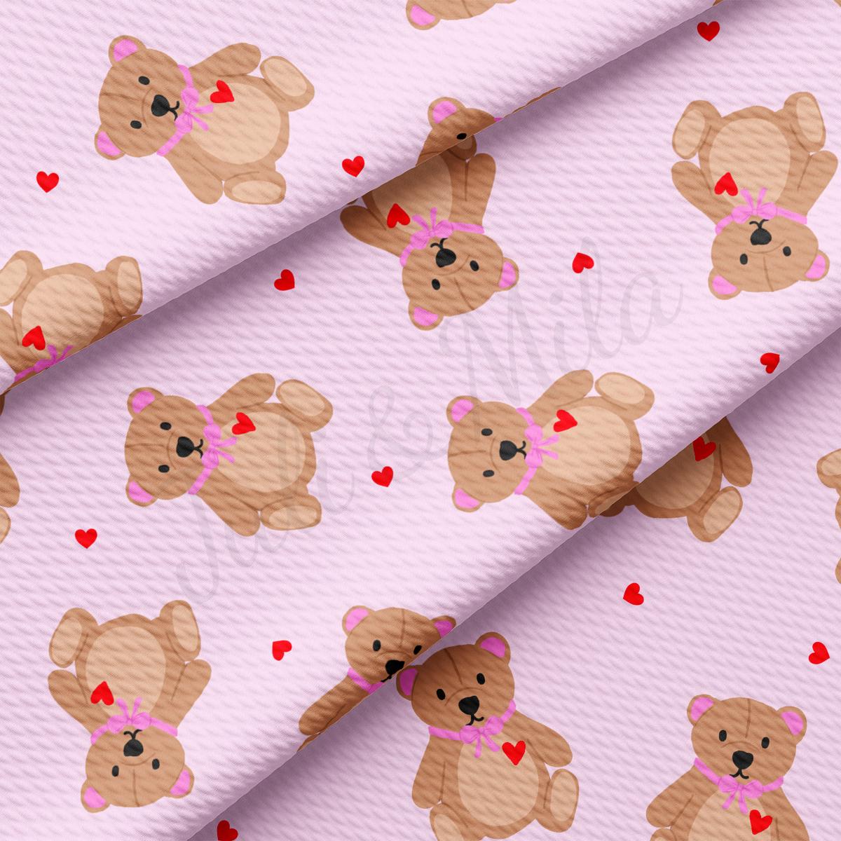 a pattern of teddy bears with hearts on a pink background