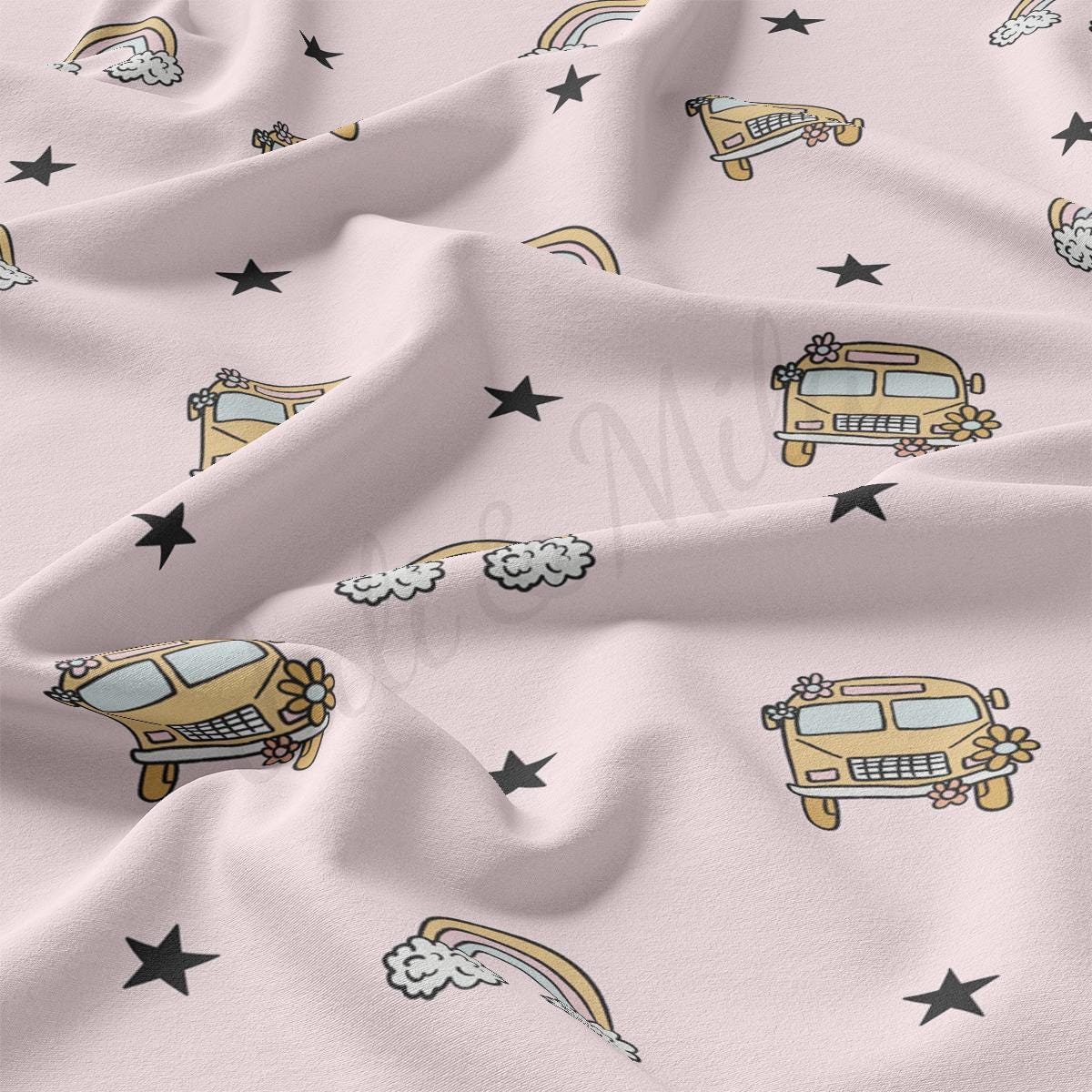 a pink background with stars and a school bus