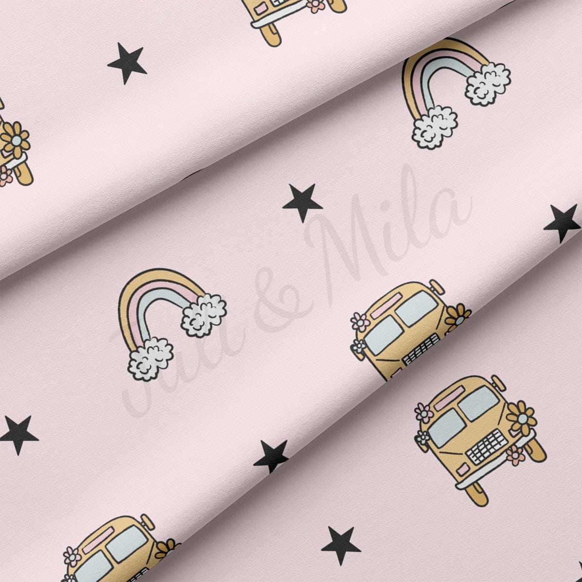 a pink background with a school bus and stars