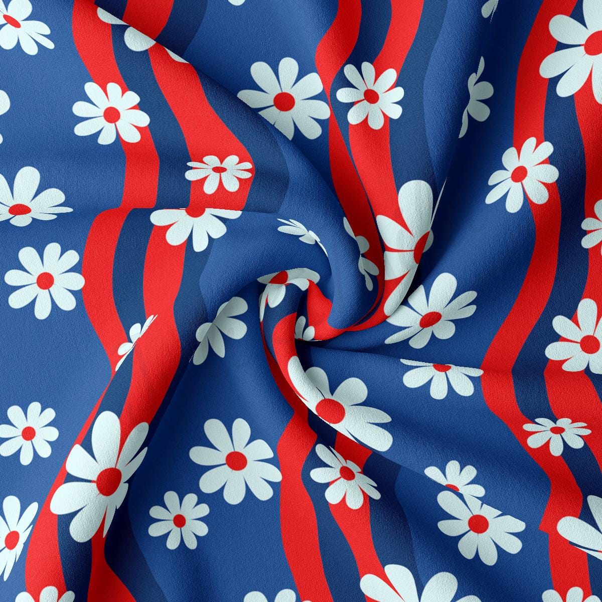 a red, white and blue floral print fabric