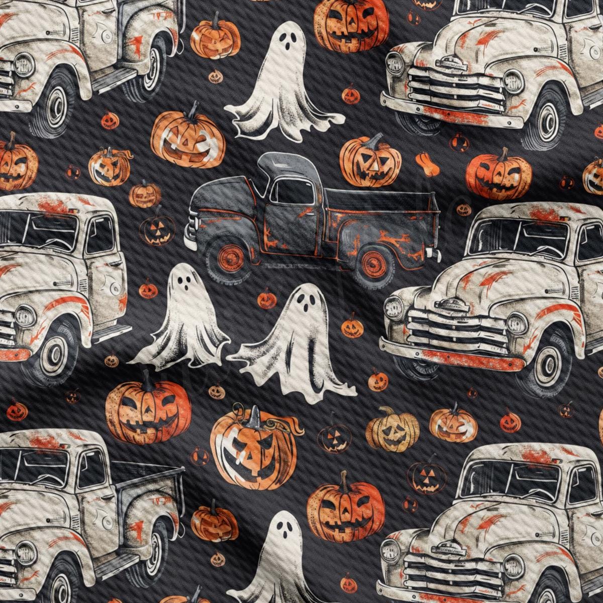 a black background with halloween themed vehicles and pumpkins