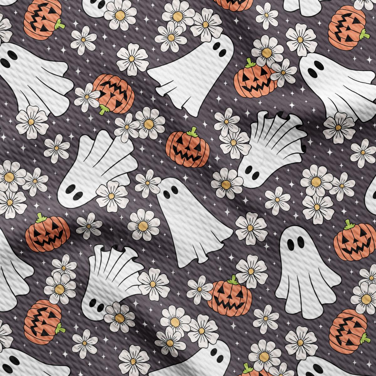 a pattern of ghost and flowers on a gray background