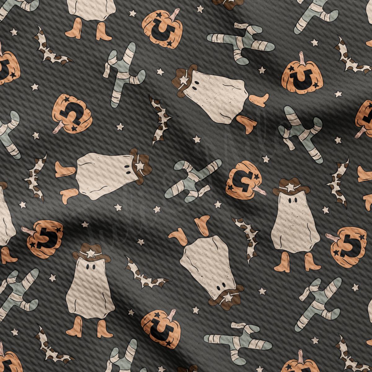 a pattern of halloween ghostes and pumpkins on a black background