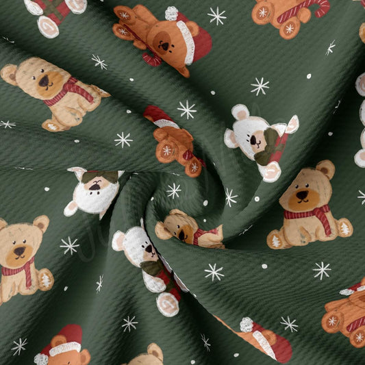 a green background with teddy bears and snowflakes
