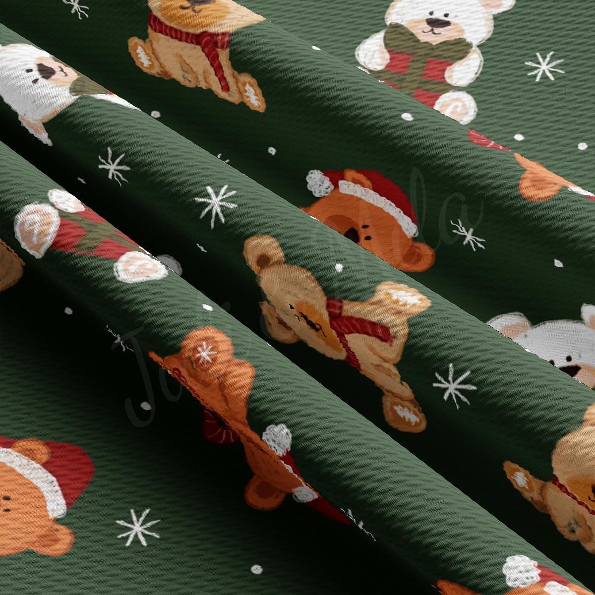 a green christmas wrapping with bears and snowflakes