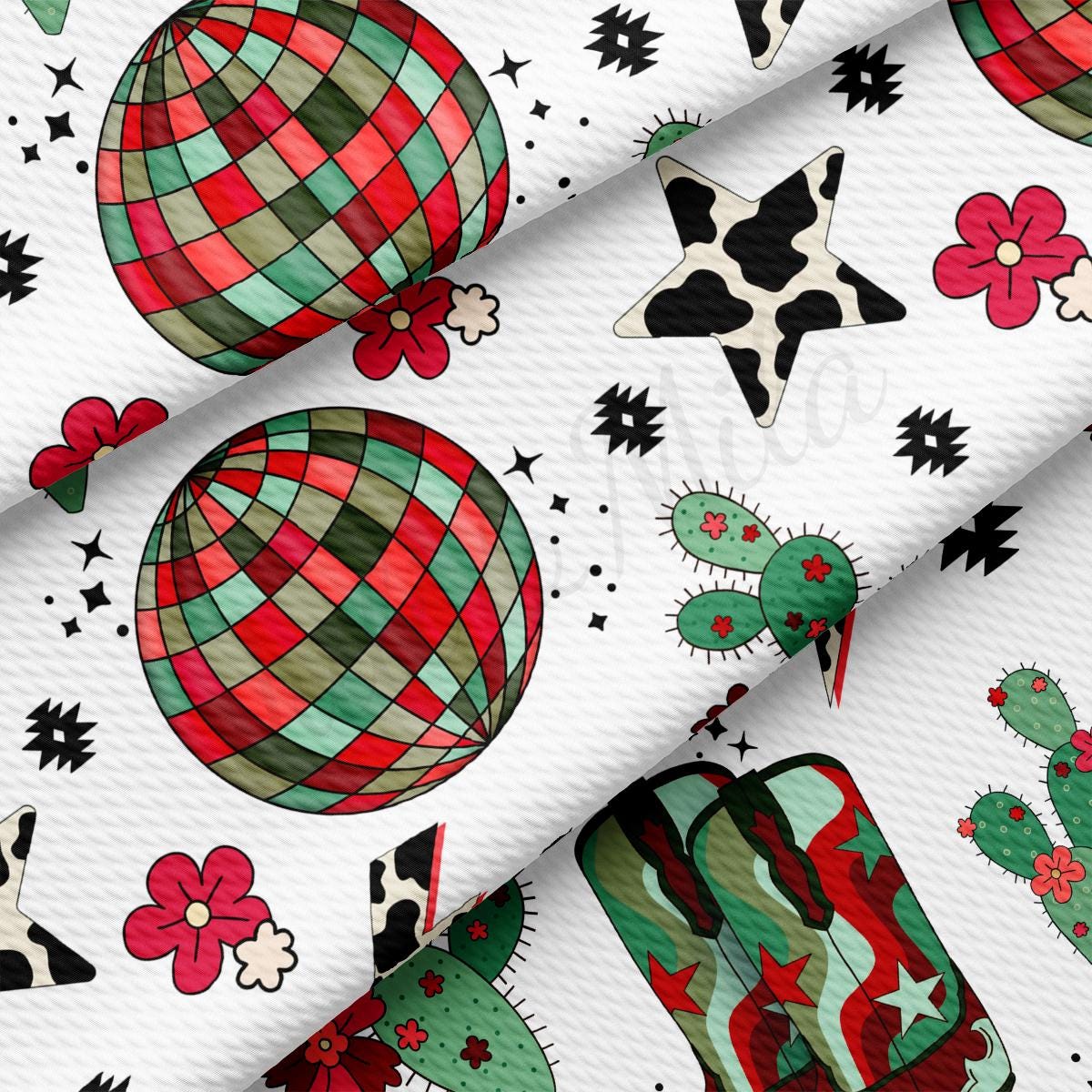 a white background with red, green, and black christmas ornaments