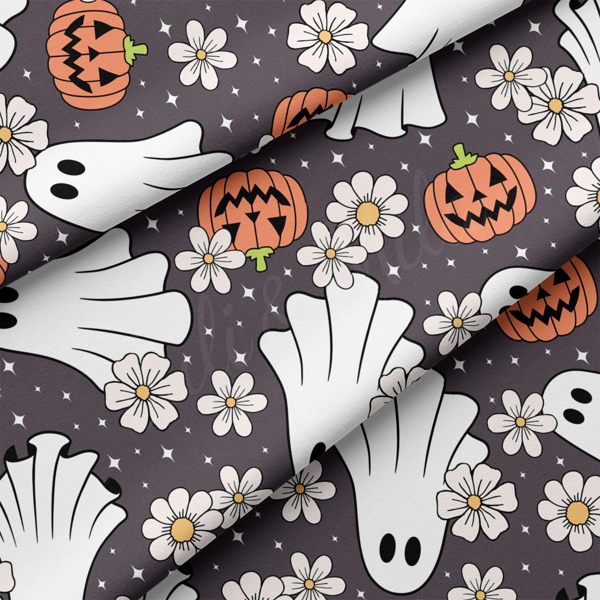 a black and white halloween background with pumpkins and ghost