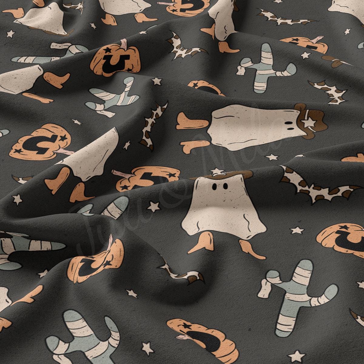 a fabric with a pattern of cartoon characters on it