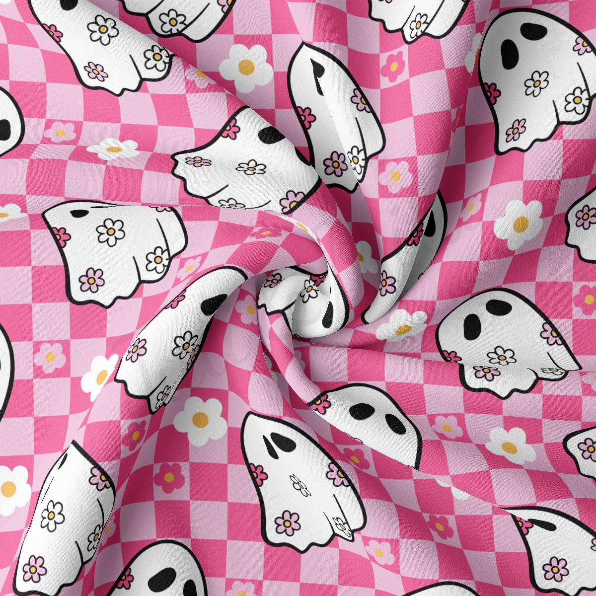 a pink and white checkered fabric with white dogs on it