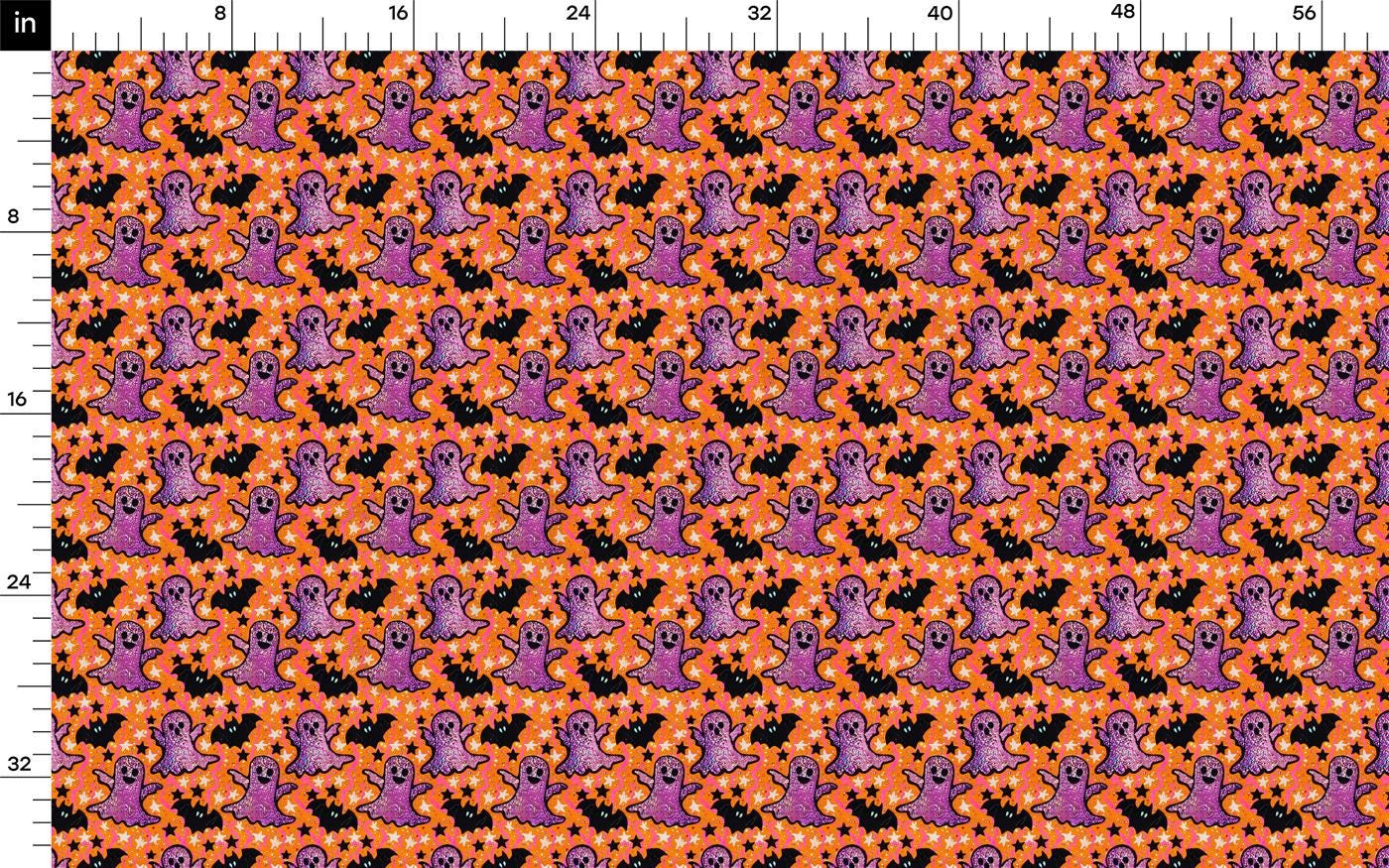 an orange and purple pattern with black dots