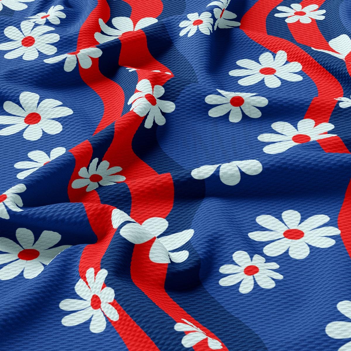 a blue background with red and white flowers