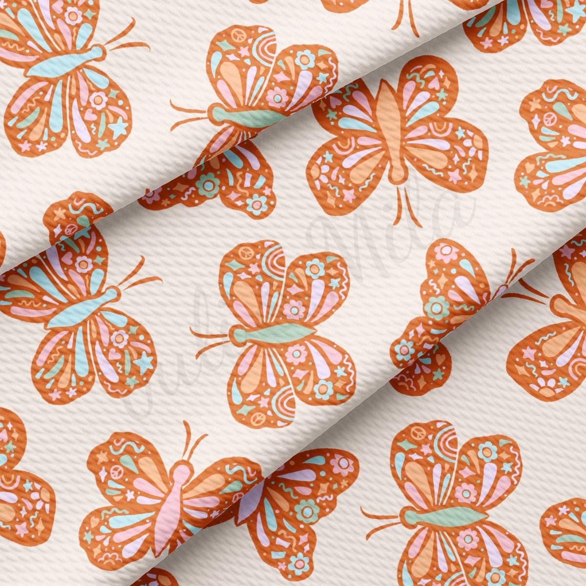 a white background with orange and blue butterflies