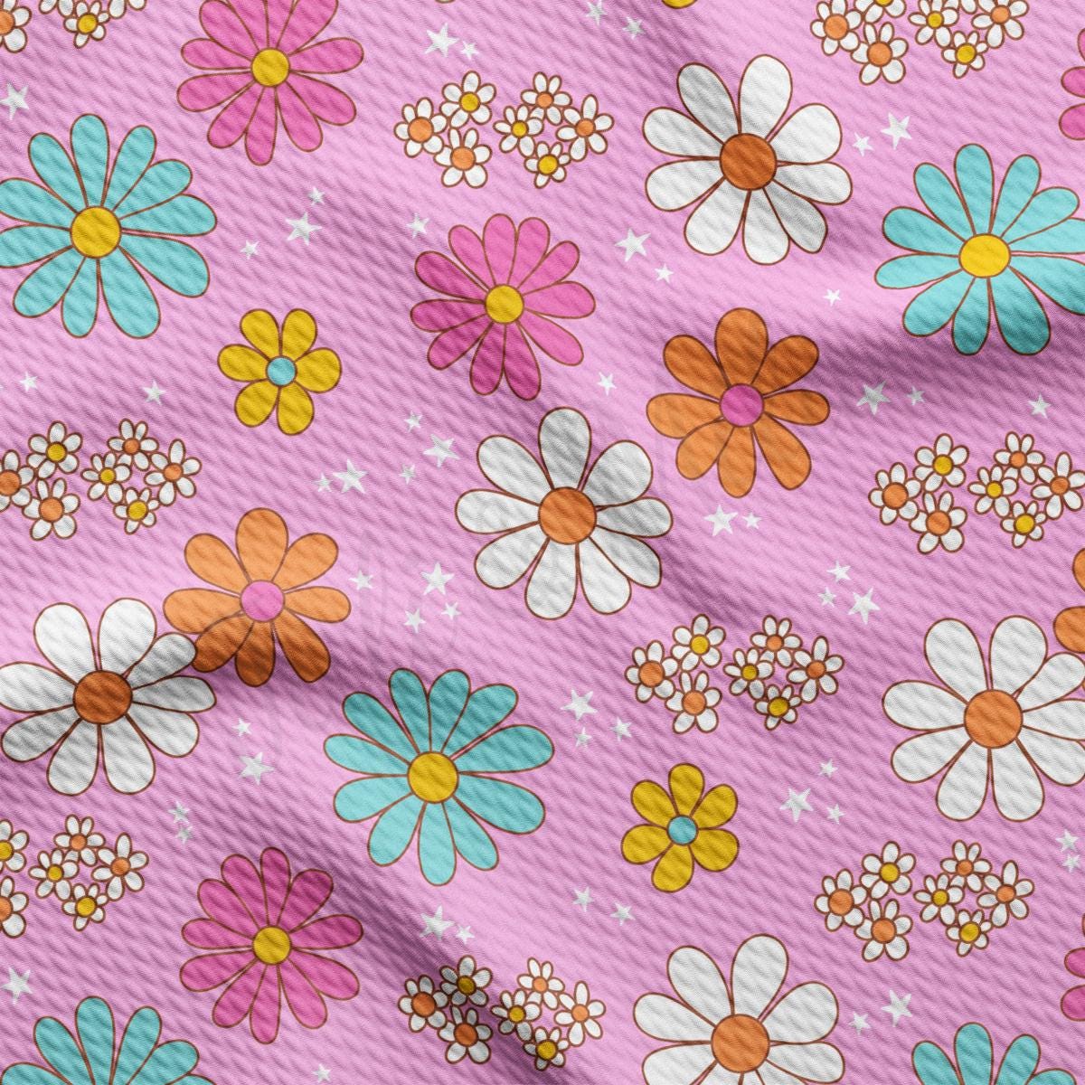 a pink background with colorful flowers and stars