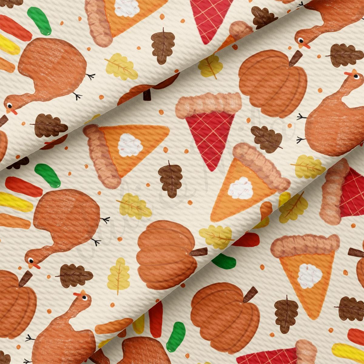 a pattern of turkeys, apples, and other foods on a white background