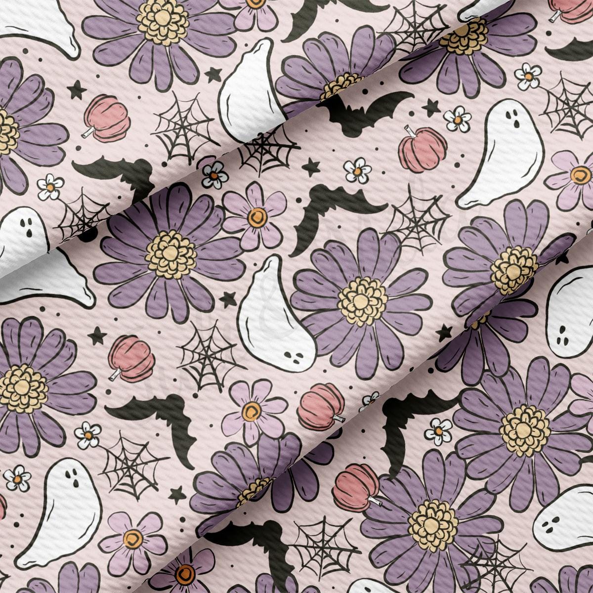 a purple flower and ghost pattern on a pink background