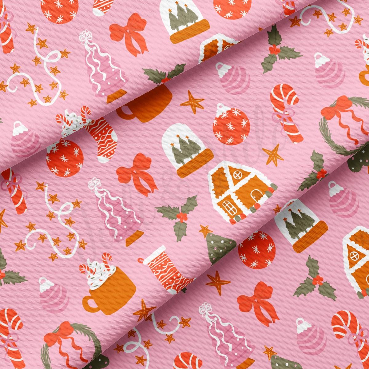 a pink background with a pattern of christmas items