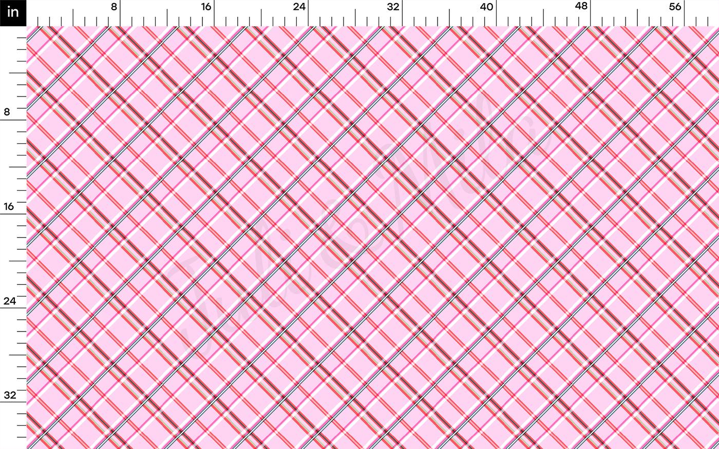 a pink and grey plaid pattern with a ruler