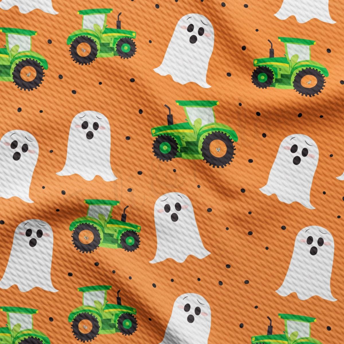 a green tractor and ghost on an orange background