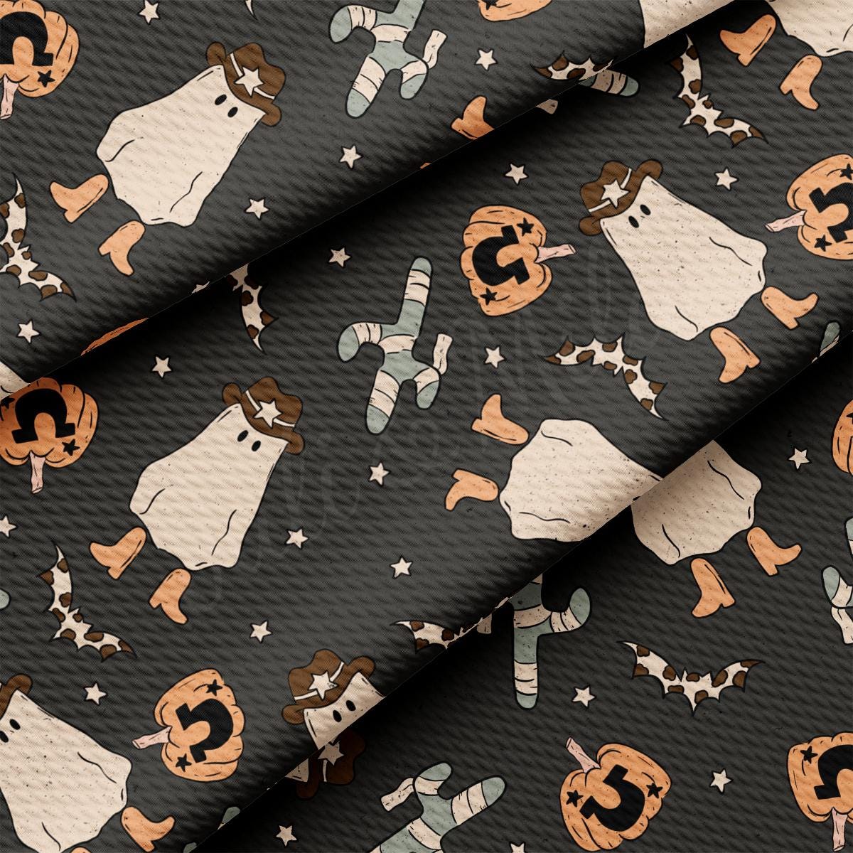 a black background with a pattern of halloween characters