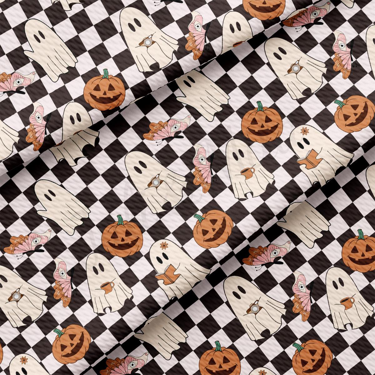 a black and white checkered background with a pattern of ghost and pumpkins