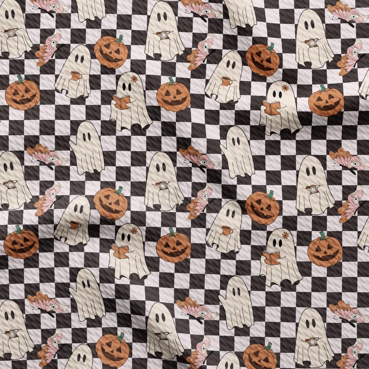 a black and white checkered background with halloween ghost and pumpkins